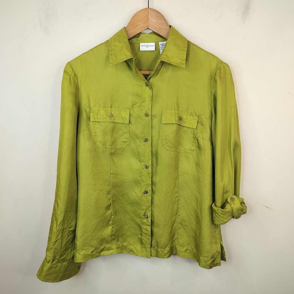 Jaclyn Smith Silk Blouse Button Up Small Roll Tab Sleeve Lime Green